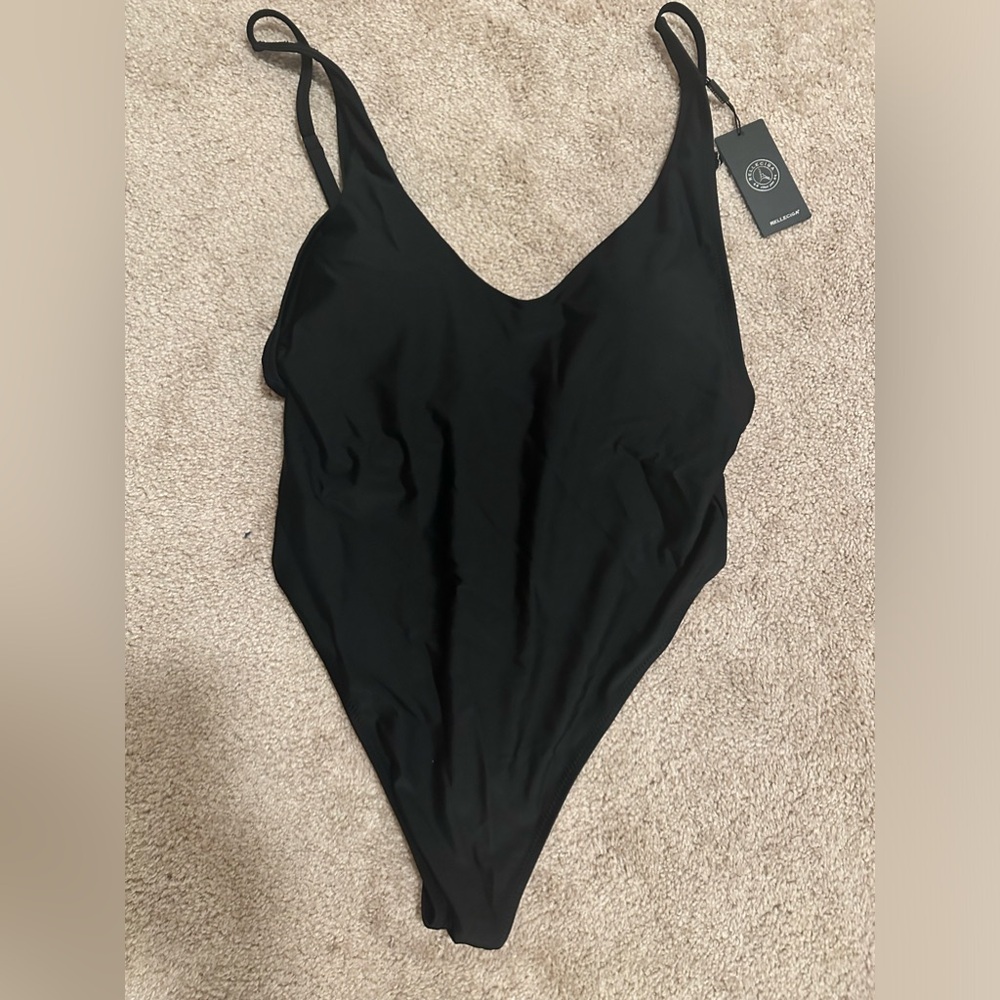 RELLECIGA Women's High Cut Low Back One Piece Thong Swimsuit, Black, Size XL NWT